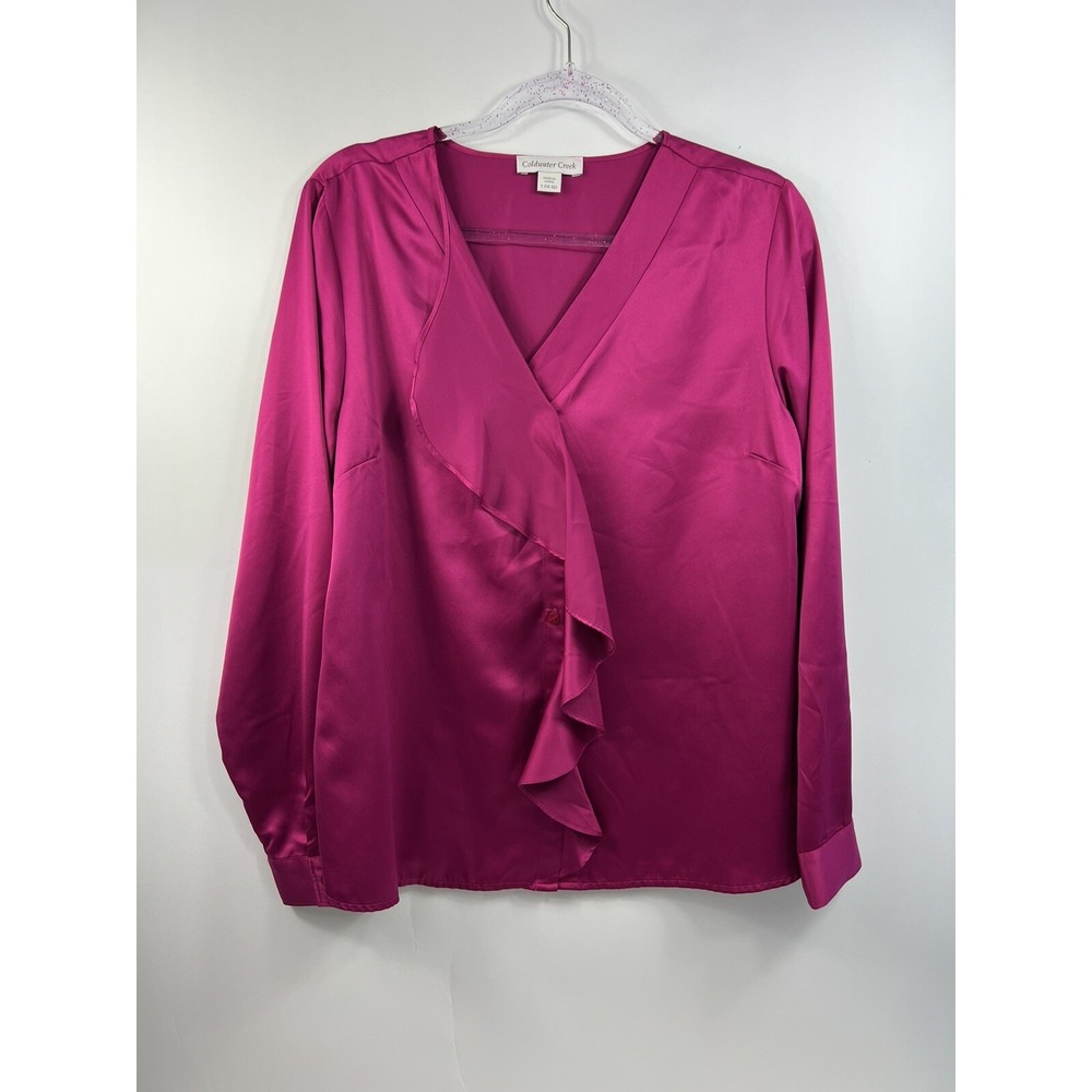 Coldwater Creek Top Blouse Womens Sz L Pink‎ Raspberry Ruffle Front Button Snap